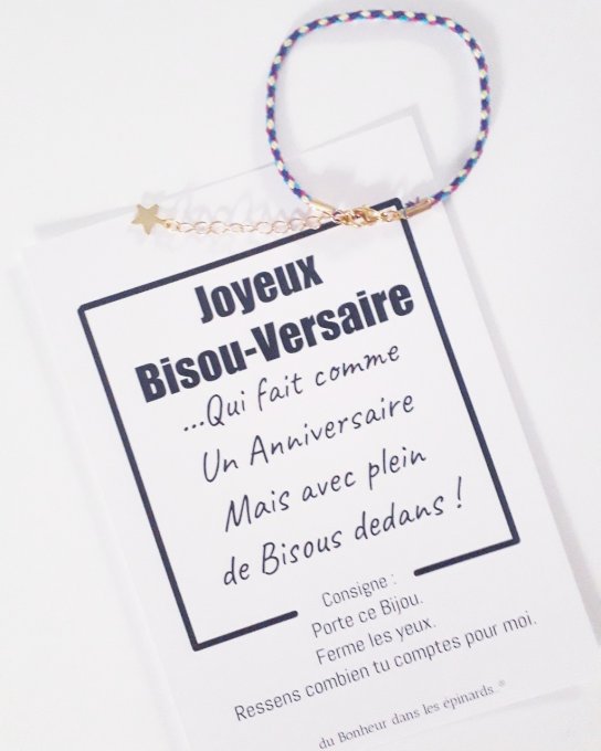 CARTE BISOU VERSAIRE + BRACELET BLEU ETOILE DOREE - FEMME - A04