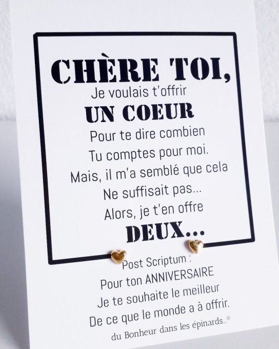 CARTE CHERE TOI + 1 PAIRE DE CLOUS D'OREILLES COEURS - A11
