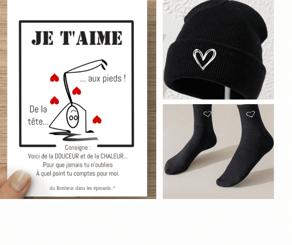 CARTE JE T'AIME DE LA TETE AUX PIEDS + CHAUSSETTES + BONNET POUR LUI