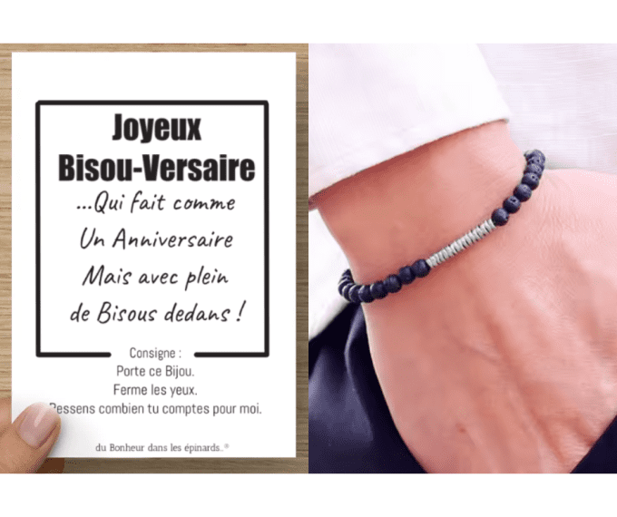 CARTE BISOU VERSAIRE + BRACELET PERLES - HOMME - A02 