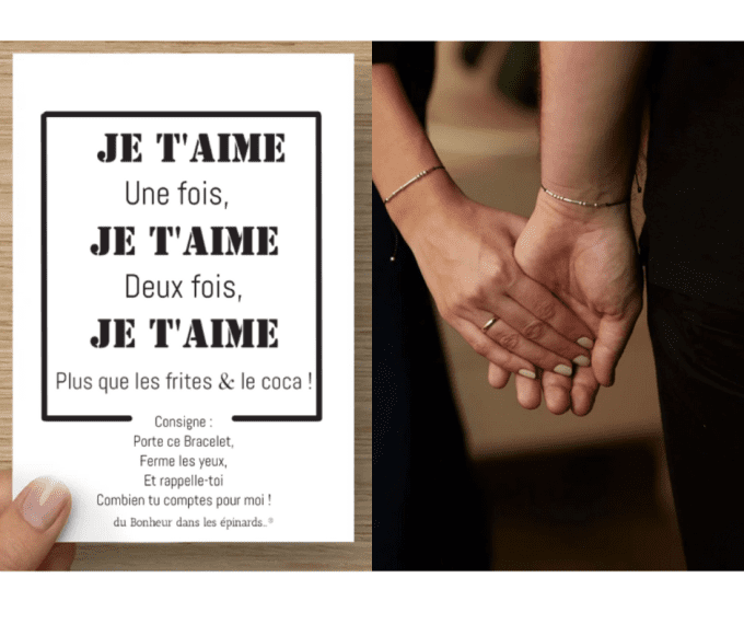 CARTE JE T'AIME UNE FOIS + 2 BRACELETS doré ou argenté - R54 
