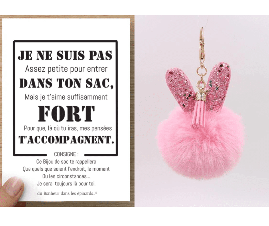 CARTE JE NE SUIS PAS ASSEZ PETITE + 1 BIJOU DE SAC GIRLY- S23