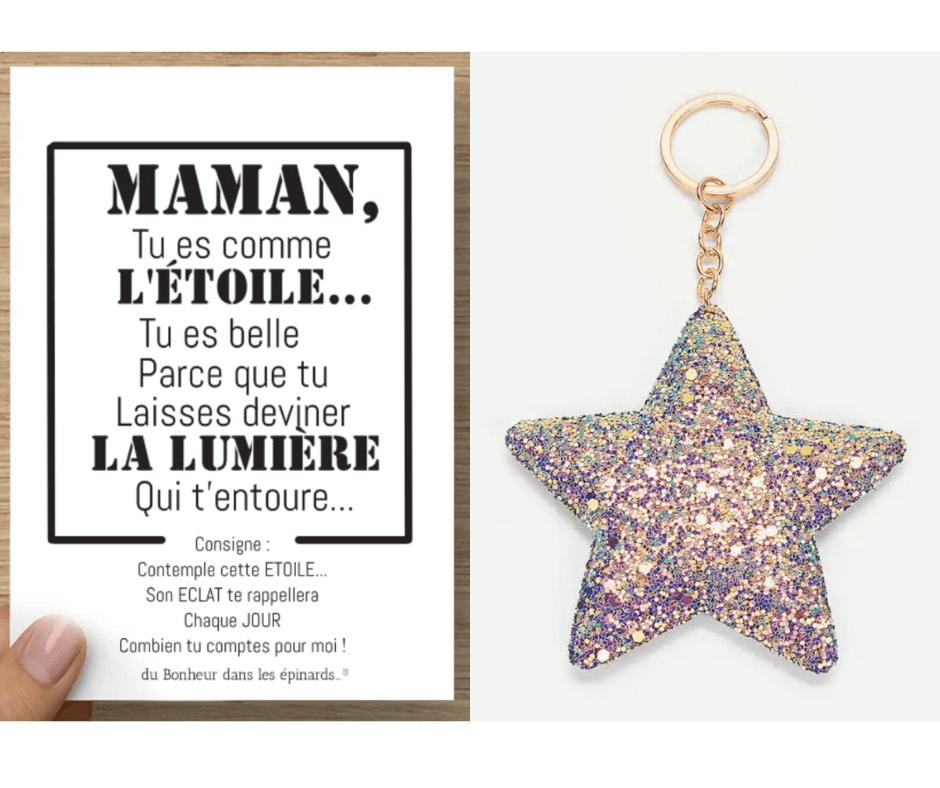 CARTE MAMAN TU ES COMME L'ETOILE + PORTE CLES  ETOILE PAILLETE - F08