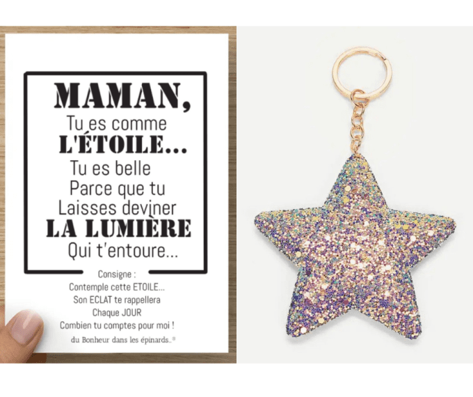 CARTE MAMAN TU ES COMME L'ETOILE + PORTE CLES  ETOILE PAILLETE - F08