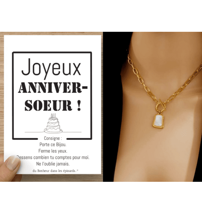  CARTE JOYEUX ANNIVER-SOEUR + 1 COLLIER NACRE BLANCHE - A07