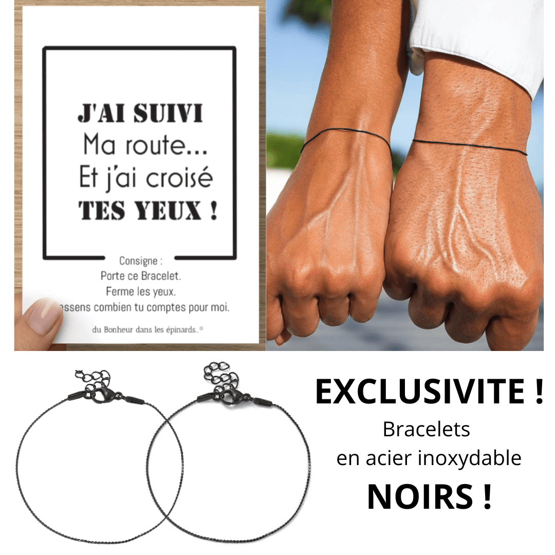 CARTE J'AI SUIVI MA ROUTE + 2 BRACELETS COUPLE ACIER INOXYDABLE - NOIR