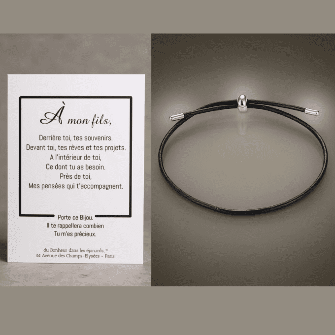 CARTE A MON FILS + BRACELET PERLE ARGENTEE rouge ou noir - F44