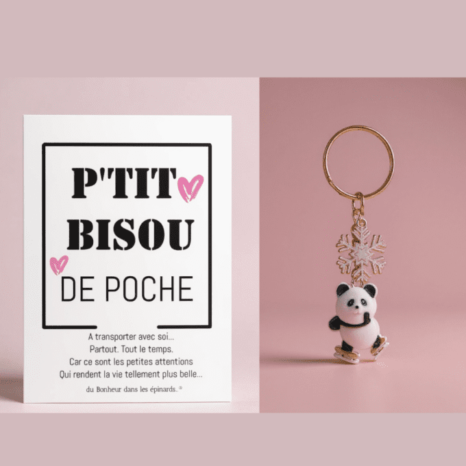 CARTE P'TIT BISOU DE POCHE + MINI PORTE CLES PANDA - S28