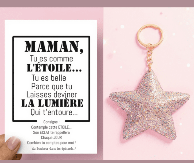 CARTE MAMAN TU ES COMME L'ETOILE + PORTE CLES  ETOILE PAILLETE - F08