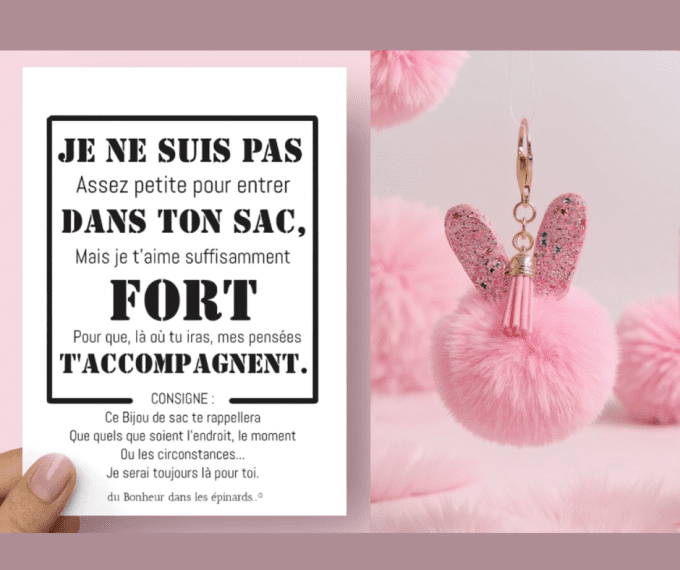 CARTE JE NE SUIS PAS ASSEZ PETITE + 1 BIJOU DE SAC GIRLY- S23