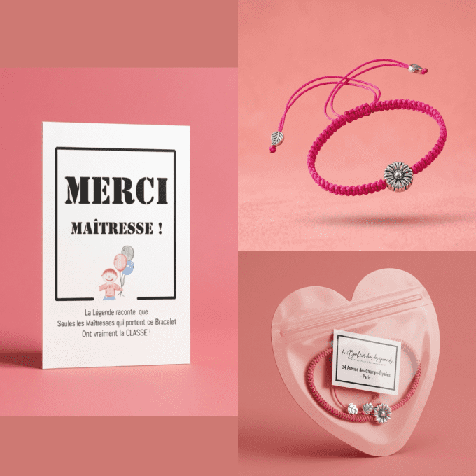 CARTE MERCI + BRACELET JOLIE FLEUR  - maitresse ou atsem