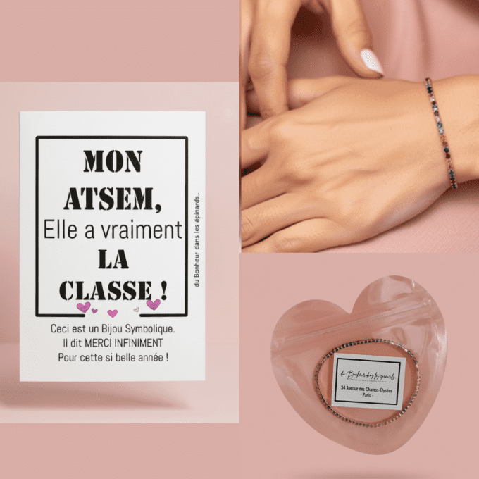 CARTE + BRACELET CRISTAUX - maitresse - atsem - nounou