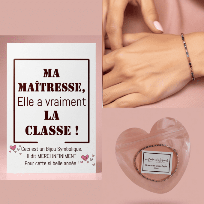 CARTE + BRACELET CRISTAUX - maitresse - atsem - nounou