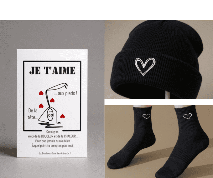 CARTE JE T'AIME DE LA TETE AUX PIEDS + CHAUSSETTES + BONNET POUR LUI