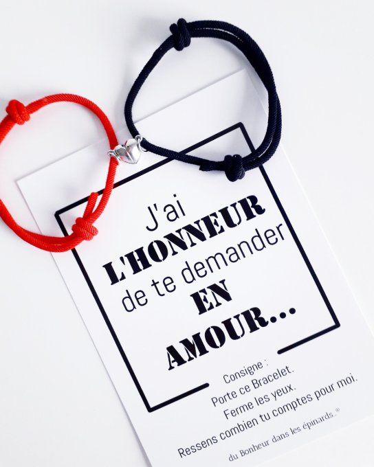 CARTE J'AI L'HONNEUR+2 BRACELETS AIMANTS COEURS ROUGE & NOIR - R30