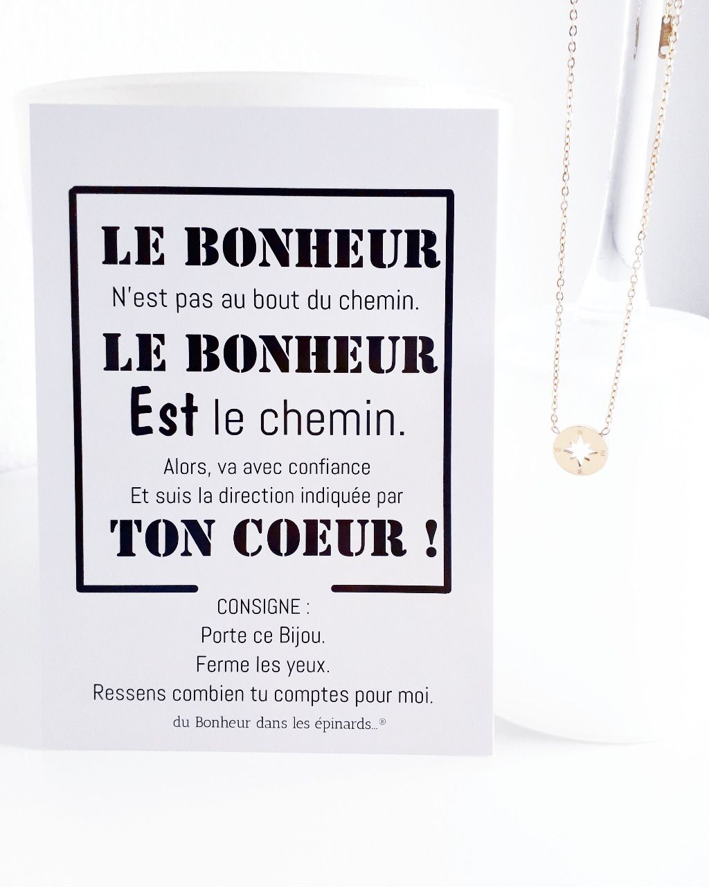 CARTE LE BONHEUR EST LE CHEMIN + 1 COLLIER ROSE DES VENTS DORE A L'OR FIN - S21