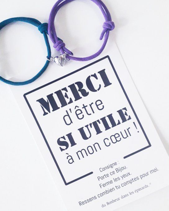 CARTE MERCI D'ETRE SI UTILE+2 BRACELETS AIMANTS VIOLET & BLEU - R31