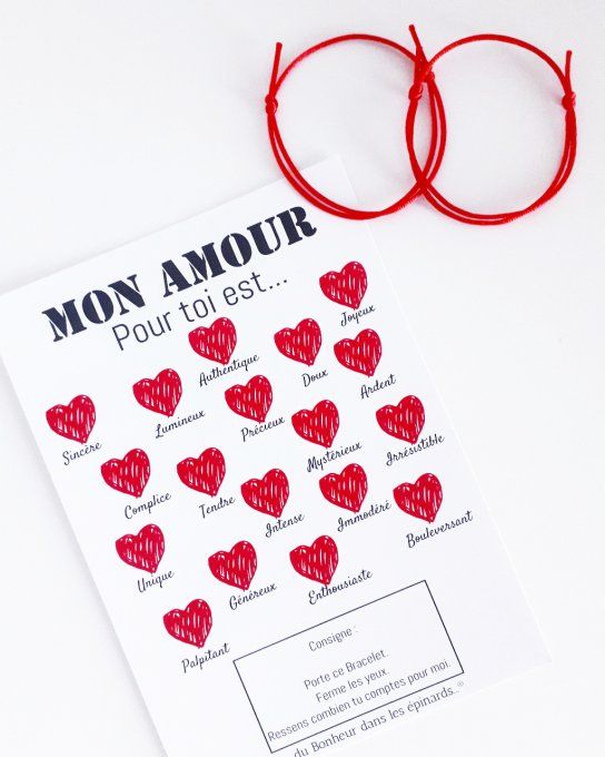 CARTE MON AMOUR POUR TOI + 2 BRACELETS (14 coloris au choix) - R02