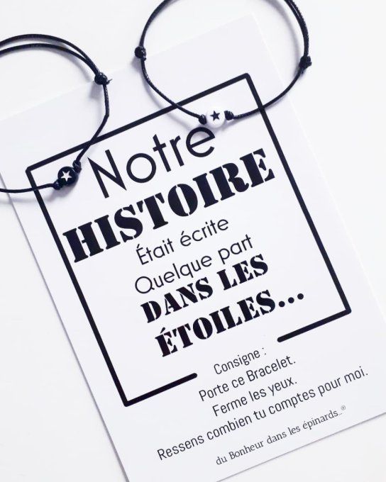 CARTE NOTRE HISTOIRE + 2 BRACELET PERLES ETOILES - R48